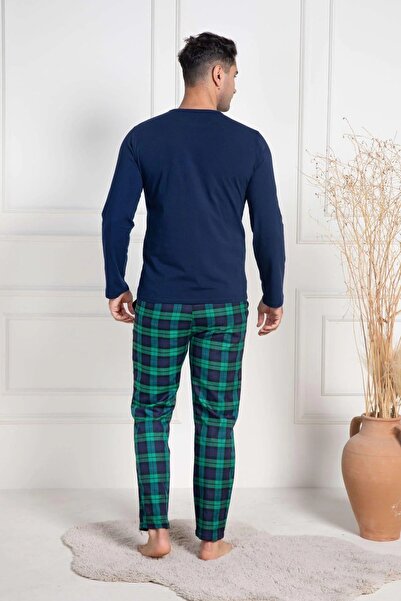 Mecit Pijama Ekoseli Erkek Uzun Kollu Bisiklet Yaka Büyük Beden Pijama Takımı %80 Pamuk %20 Viskon