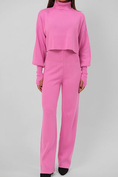 4S1B FASHION Pink Knitwear Crop Sweater and High Waist Pants Set - Turtleneck Turtleneck, Hand Snap 015