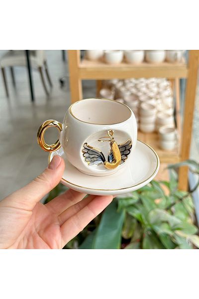 BSK Black Angel Pattern Ceramic Cup - Letter and Coffee Color