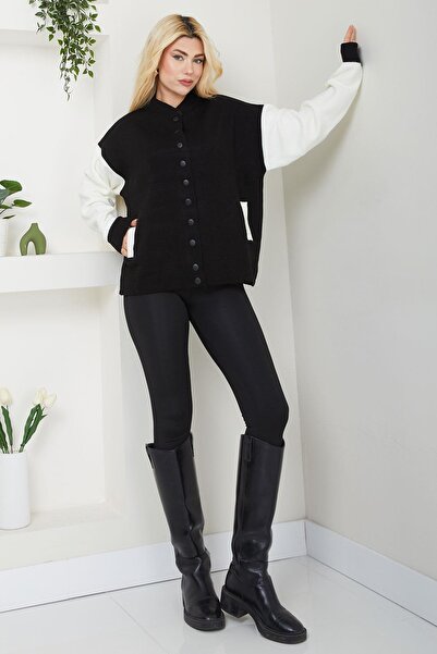 SENSTIL Cardigan negru cu guler bomber cu închidere cu capse - SS2615