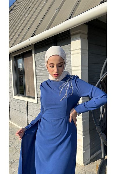 Tesettür Diyarı Βραδινό φόρεμα Indigo Hijab - Πέτρινο λεπτομερές κρεπ ύφασμα