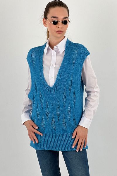 Miss Poem Women's V-Neck Patterned Sleeveless Sling Blue Basic Knitwear Sweater