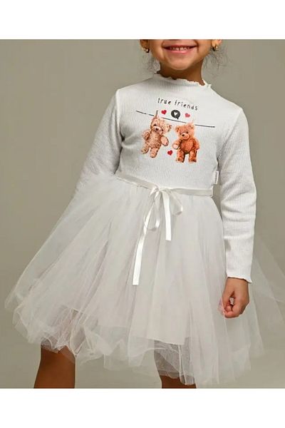 neocotton Rochie pentru fetiță, căptușită din bumbac, cu mânecă lungă, cu imprimeu cu ursuleți de pluș