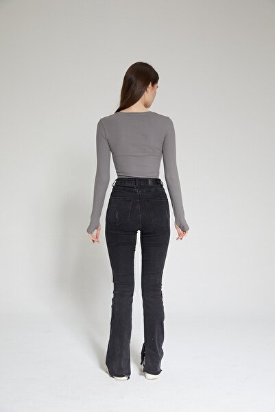 Chandraswear Anthracite Women's Ribbed Waist Low-cut Bodysuit with Finger Detail - Color