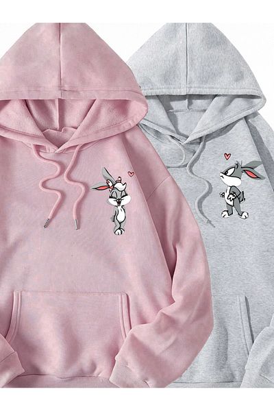 Mythologie Lola Bugs Bunny Lover Couple Combination - Gray Pink Printed Oversize Hooded Sweatshirt