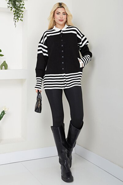 SENSTIL Bomber Yakalı Çizgili Triko Hırka SS2621 Siyah