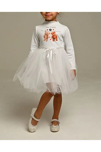 neocotton Rochie pentru fetiță, căptușită din bumbac, cu mânecă lungă, cu imprimeu cu ursuleți de pluș