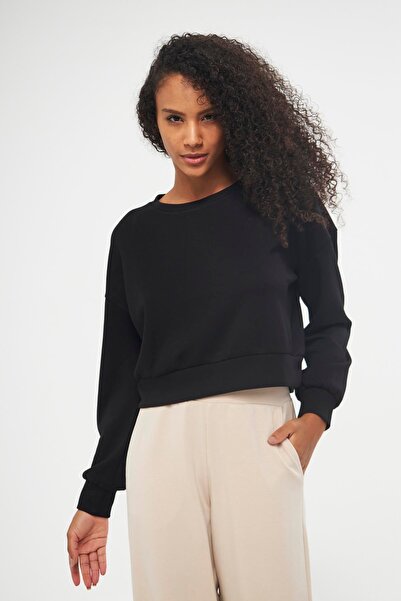 Chandraswear Siyah Kadın Uzun Kollu Crop Sweatshirt - Gobi
