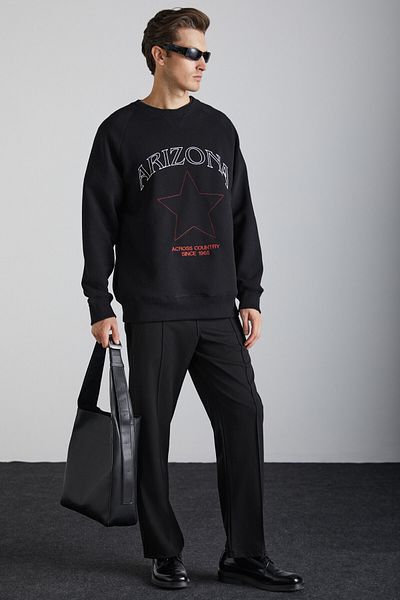 GRIMELANGE Domagoj Men's Organic Cotton Western Printed Crew Neck Oversize Black Sweatshirt