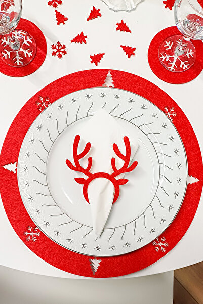 Kuzeylina Yılbaşı Temalı Supla Seti – 4 Kişilik Kırmızı Keçe, 3mm, Bardak Alt...