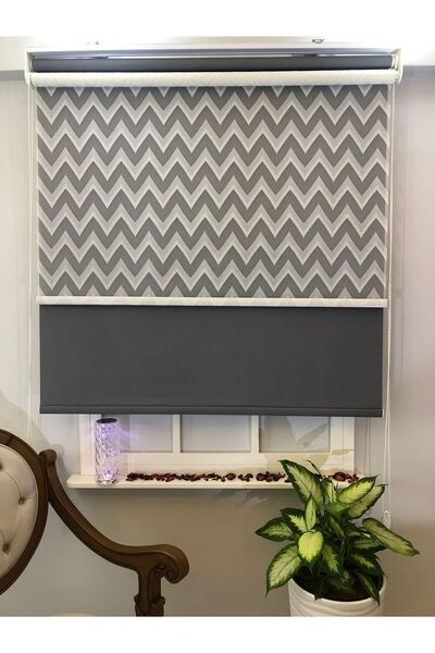 Emir Home ZİGZAG Desen ANTRASİT GRİ BLACKOUT (IŞIK GEÇİRMEZ) Storlu Çift Meka...