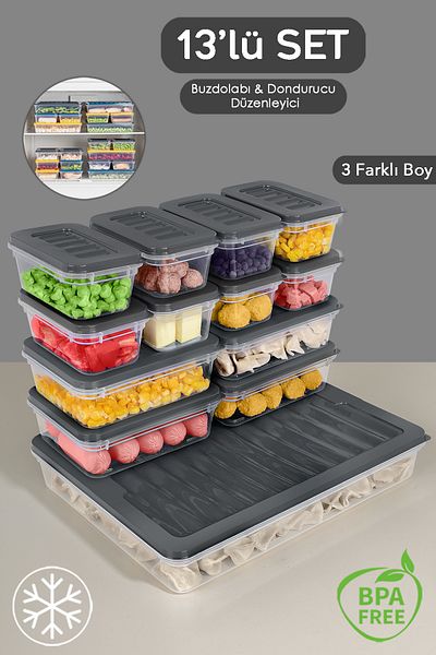Meleni Home 13-Piece Anthracite Refrigerator Organizer Set - 1X2400Ml 4X600Ml 8X240Ml Microwave Freeze Container