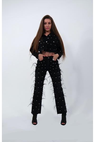 Ceylin Ceylan Siyah Tüylü Taşlı  Denim Pantolon