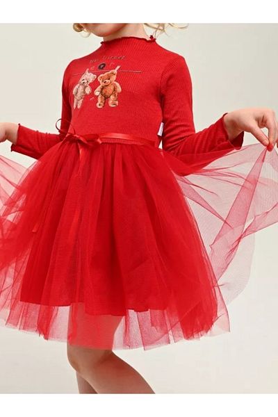 neocotton Rochie pentru fetiță, căptușită din bumbac, cu mânecă lungă, cu imprimeu cu ursuleți de pluș