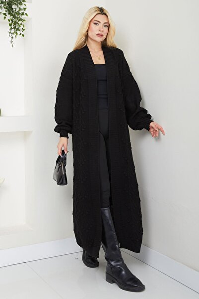 SENSTIL سترة تريكو سوداء طويلة - نمط الكرز، SS2334