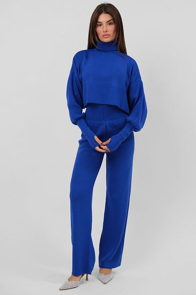 4S1B FASHION Saks Blue Turtleneck Crop Sweater and High Waist Pants Set - 015