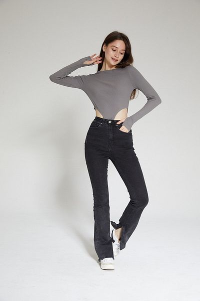 Chandraswear بدلة نسائية أنثراسايت مضلعة بخصر منخفض وتفاصيل إصبع - لون
