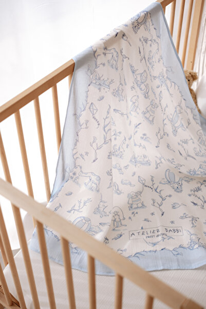Atelier Babbi 100% Cotton Muslin Baby Blanket and 3-Piece Diaper Set - Toile De Jouy / Blue