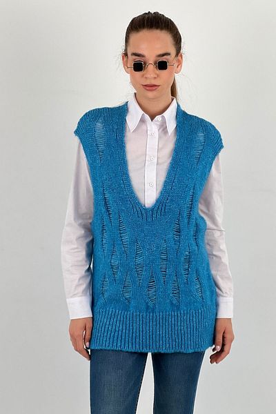 Miss Poem Women's V-Neck Patterned Sleeveless Sling Blue Basic Knitwear Sweater