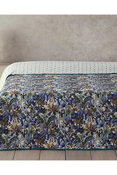 English Home Pătură albastră King Size - Charm floral cu două fețe, multifuncțional