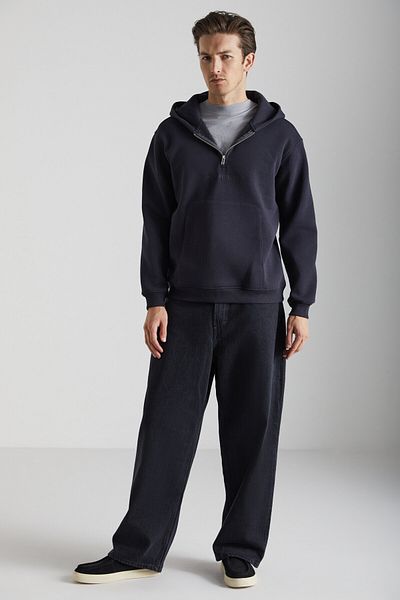 GRIMELANGE Pavle Men's Hooded Kangaroo Pocket Zipper Collar Black Sweatshirt