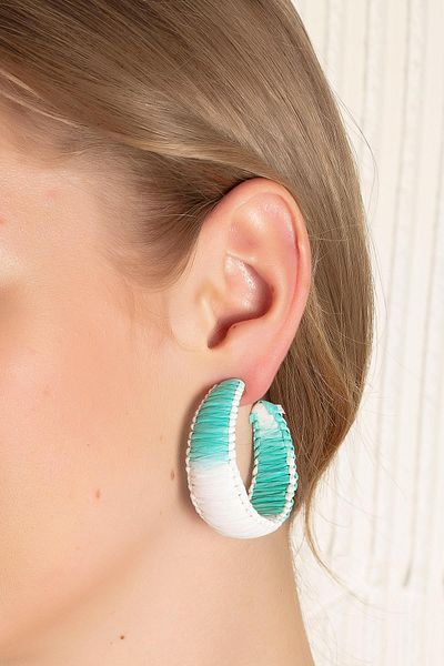 Modex Green&White Colored Straw Hoop Earrings (4cm)