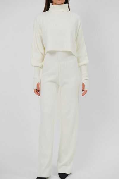 4S1B FASHION High-Top Turtleneck Hand-Held Crop Sweater and High-Waisted Pants Bottom Top Ecru Knitwear Set 015