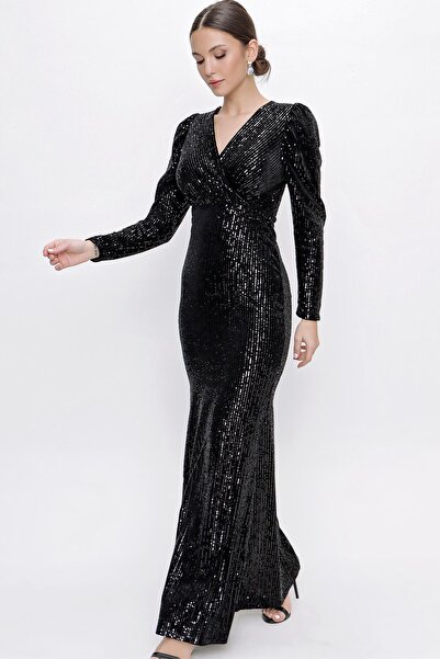 By Saygı Velvet Sequin Long Dress with Gathered Shoulders
