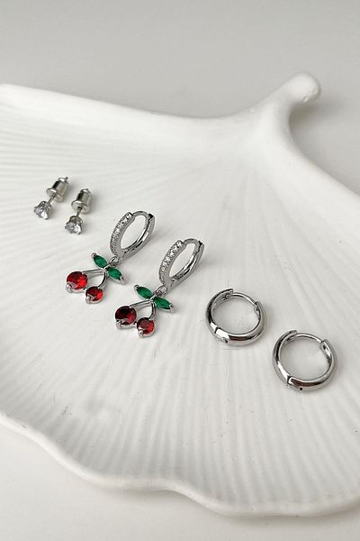 Modex Silver Colored Cherry Figured Zircon Stone Multiple Earrings Set