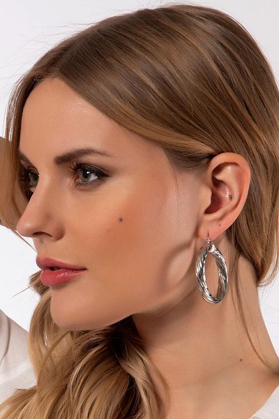 Modex Silver Color Twist Detailed Hoop Earrings (4cm)