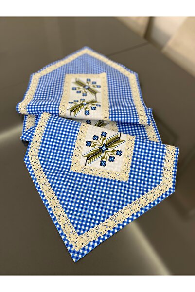 Parla Life Runner brodat cu punct în cruce albastru bleumarin Gingham (se face dimensiuni și culori personalizate)