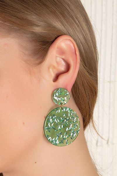 Modex Green Colored Glittering Acrylic Round Dangle Earrings (6cm)