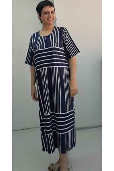 Mertcan Butik Κοντομάνικο φόρεμα βισκόζης με μπλε μοτίβο