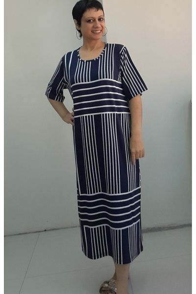 Mertcan Butik Κοντομάνικο φόρεμα βισκόζης με μπλε μοτίβο