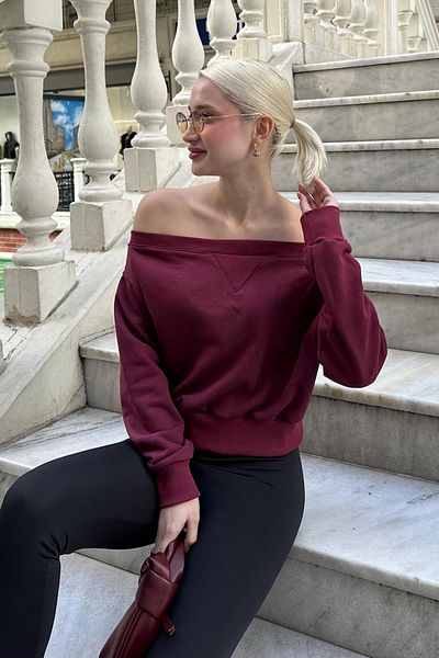 Madmext Burgundy Boat Neck Women's Sweatshirt Mg2239