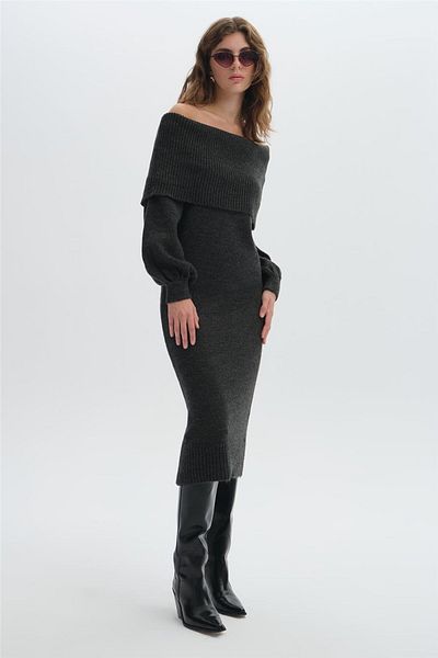SHERIN Anthracite Shawl Collar Long Knitwear Dress