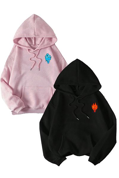 Mythologie Fire and Water Pattern Sweatshirt Set of 2 - Pink Black, Hooded Oversize