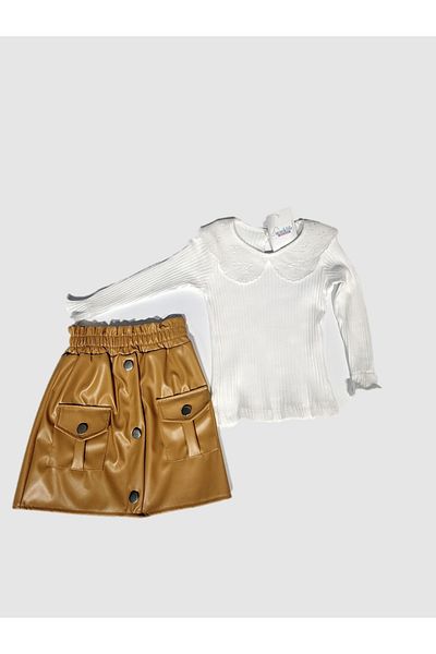 miniklife Girl's Leather Skirt Collared Badi Suit 3-7 Years