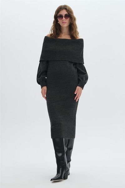 SHERIN Anthracite Shawl Collar Long Knitwear Dress