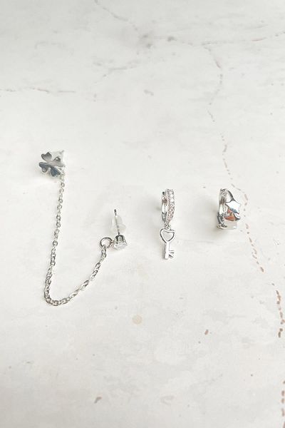 Modex Silver Color Clover Detail Triple Cartilage Earrings