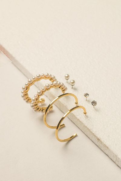 Modex Gold Color Pearl Detailed Multiple Earrings Set