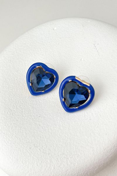 Modex Dark Blue Jewelled Enamel Heart Earrings (2cm)