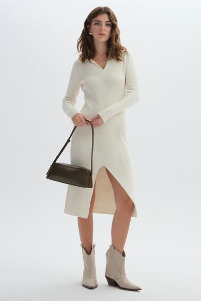 SHERIN Ecru Polo Neck Slit Detail Dress