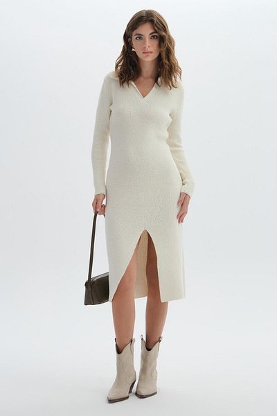 SHERIN Ecru Polo Neck Slit Detail Dress