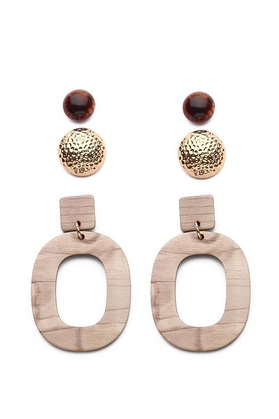 Modex Wooden Look - Piece Detailed Multiple Earring Set