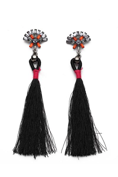 Modex Black Tassel Earrings - Shuttle Stone Detailed