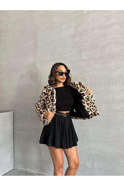 TOPSHOW Leopard Print Long Sleeve Fur