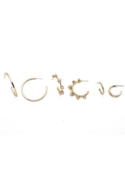 Modex Gold Color Pearl Detailed Hoop Multiple Earrings
