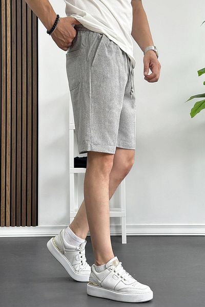 Edwox Gray Linen Raw Shorts - Relaxed Fit Edw149