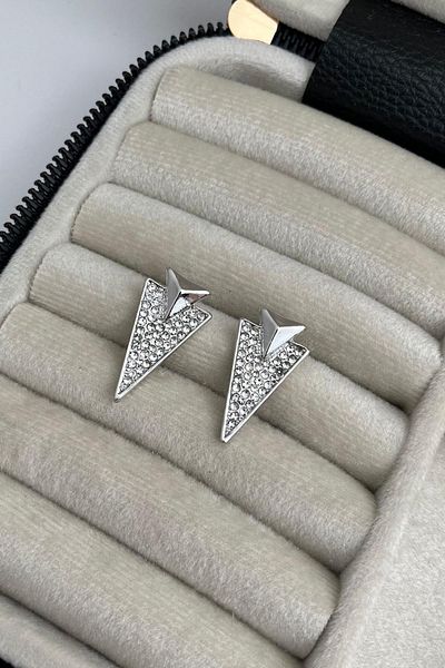 Modex Silver Color Rhinestone Triangle Earrings (3CM)